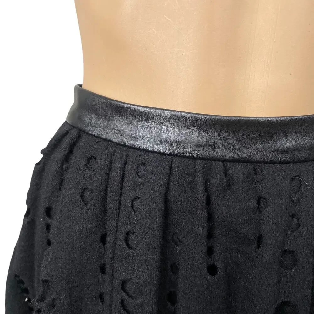 Maje Paris Black Pleated Knit Skirt XS | Laser Cut Perforated Leather Trim Luxe